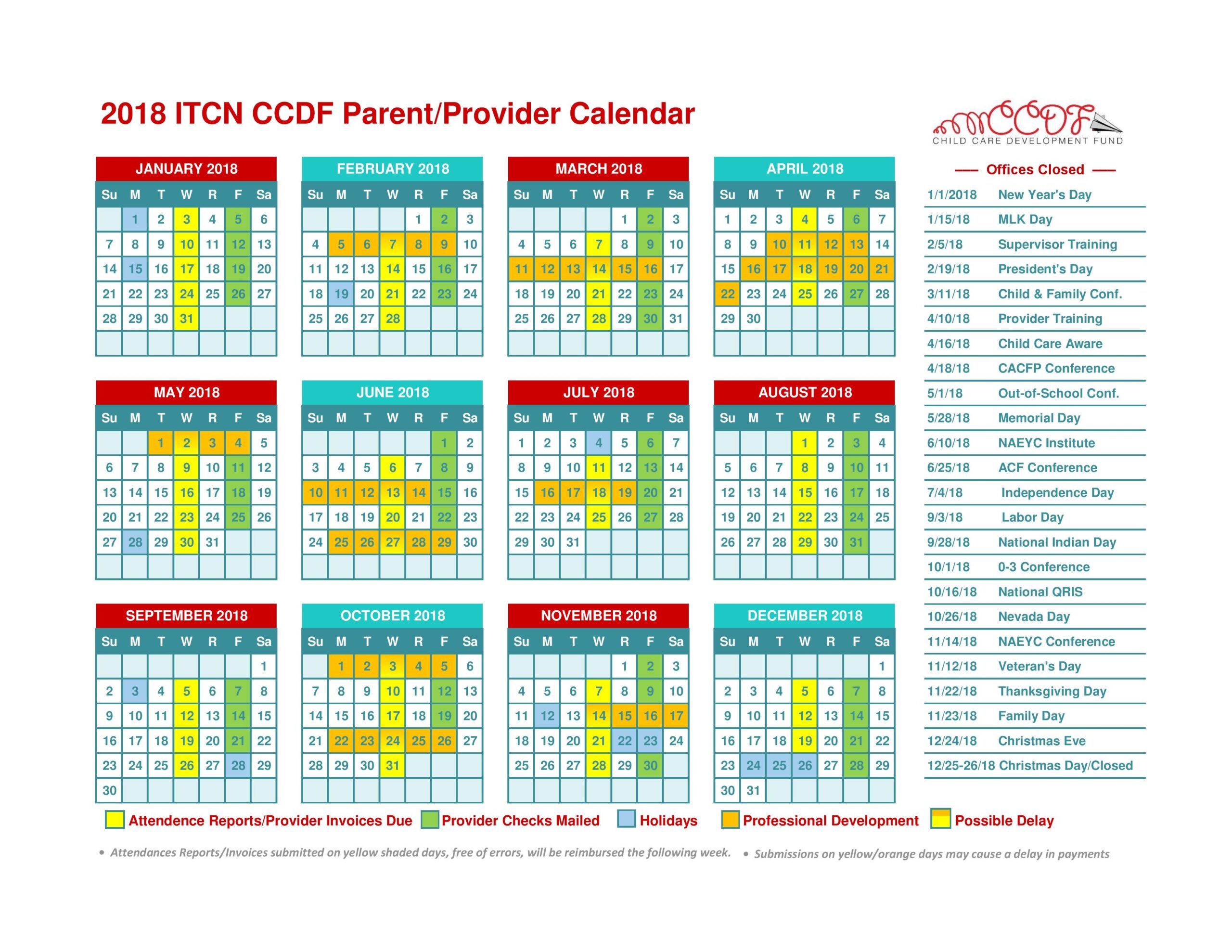 ITCN CCDF 2018 Parent Provider Calendar